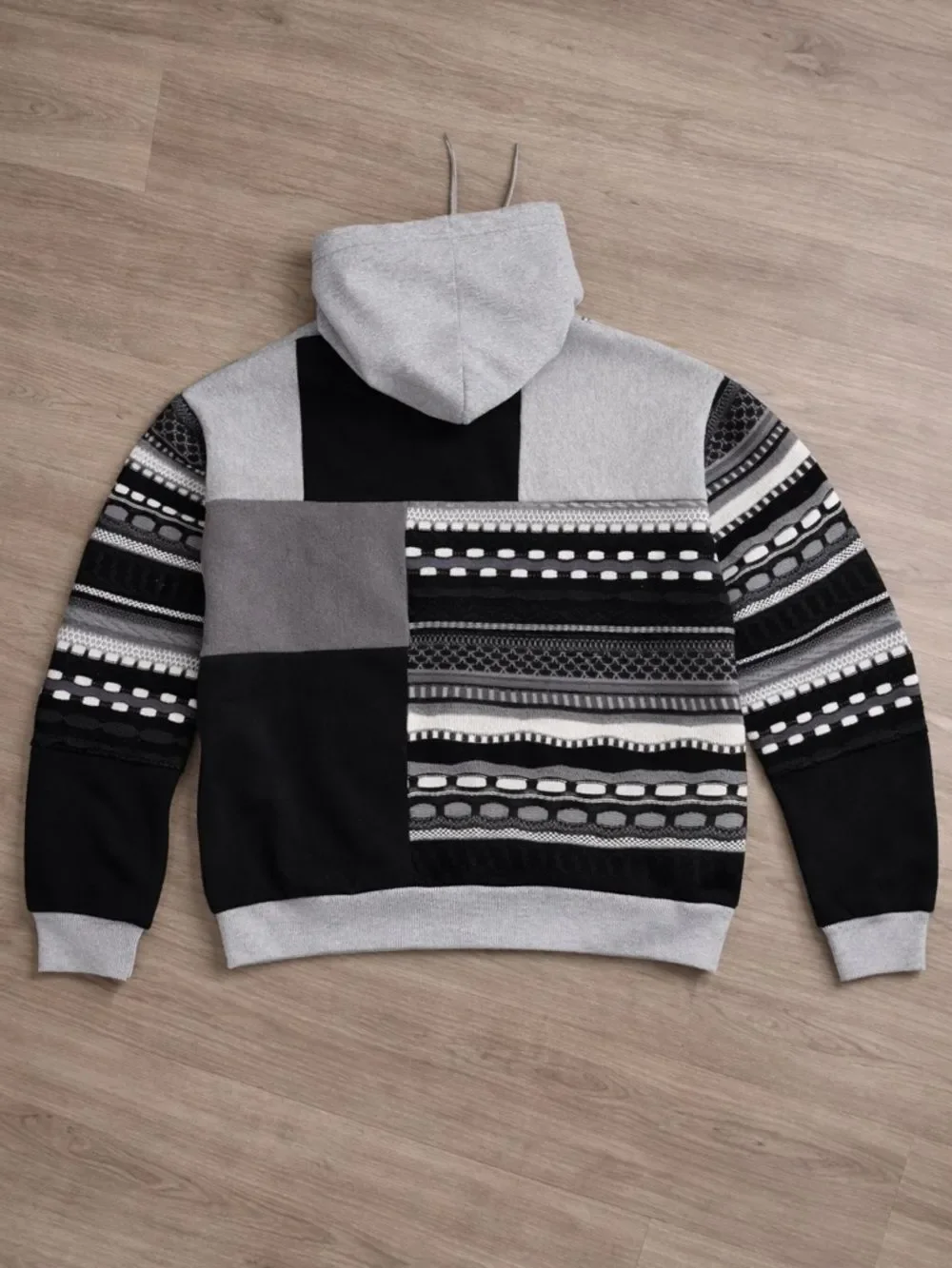 Nike Upcycled Gray Knit Relaxed Fit Black & White Patchwork 'Just Do It' Hoodie